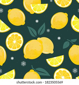Vector lemon seamless pattern. Vector lemon illustration with yellow slices on black background.