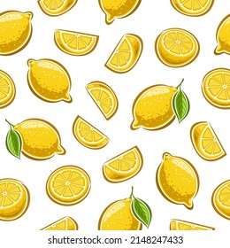 Vector Lemon Seamless Pattern, repeating background with set of cut out illustrations whole lemons with green leaves, group of sliced ripe fruits, chopped lemons on white background for wrapping paper