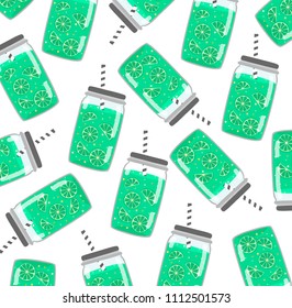 Vector lemon, lemon slice, jar with lemonade. Summer lemonades with fruits. lemon smoothie in glass jar.