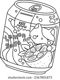a vector of lemon soda with cat design in black and white coloring
