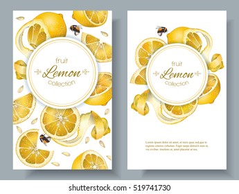 Vector lemon vertical banners. Design for juice, tea, ice cream, lemonade, jam, natural cosmetics, sweets and pastries filled with lemon, dessert menu, health care products. With place for text