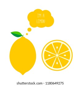 Vector Lemon Whole and Half Cut. Thought or Think Bubble. Flat Style Illustration Isolated on White. Fresh Fruits Set.