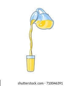 vector lemonade fresh glass juice carafe, pitcher with flowing into cup juice. Isolated cartoon illustration on a white backround. Kitchen glassware utensil