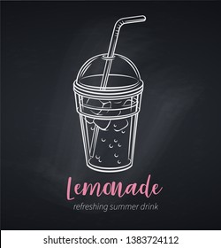 Vector lemonade icon, chalkboard poster. Refreshing summer drink in plastic cup for design street cafe. Blackboard style lemonade illustration.