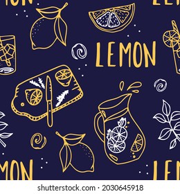 Vector lemonade pattern. seamless pattern with lemon. repeated background dark print for fabric or wallpaper, menu, textile, party.