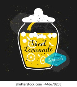 Vector lemonade typography print. Creative quote card design. Cover design for menu, book, signboard or t-shirt, silhouette style.  Stylized juice drink illustration for background. Chalkboard effect.