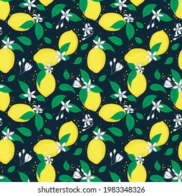 Vector lemons leaves dots blossom seamless pattern print background. Perfect for textile, book covers, wallpapers, design, graphic art, printing, hobby, invitation, scrapbooking.