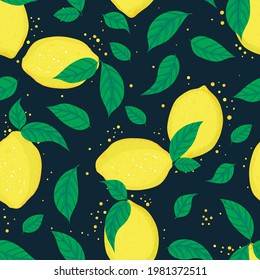 Vector lemons leaves dots slices seamless pattern print background.