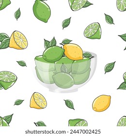 Vector limones patrón sin costuras Limón fresco y limones con hojas en un tazón de vidrio. Ilustración de frutas cítricas Fondo de limones frescos o como Elementos de diseño Múltiples usos Ilustración vectorial 