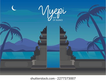 vector lempuyang temple balinesse with beautiful mountain sea moon and sky dark blue and coconut trees with beach celebration nyepi day of silence in the early morning.