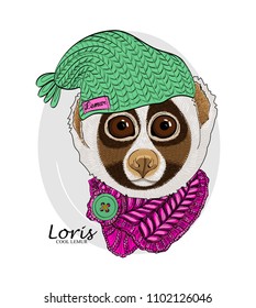 Vector lemur with green knitted hat and pink knitted scarf. Hand drawn illustration of dressed loris.