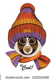 Vector lemur with knitted hat and scarf. Hand drawn illustration of dressed loris.