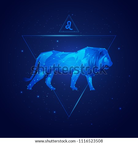 vector of leo horoscope sign in twelve zodiac with galaxy stars background, vector of polygon lion