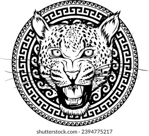 vector leopard head in black and white outline