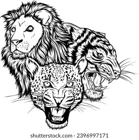 vector leopard head in black and white outline