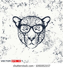 Vector leopard head, hipster face on grunge background