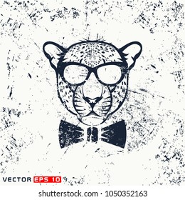 Vector leopard head, hipster face on grunge background