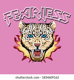 Vector leopard illustration, with bright color , tee shirt graphics, vectors, Fearlees typography. Print for clothes, cover, poster and etc.