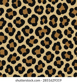 Vector leopard print seamless pattern background with gold, black, and beige textures. Stylish animal rosette backdrop is a perfect fashion banner, textile design, wallpaper, and wrapping papers.