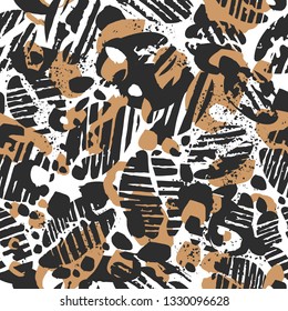 Vector leopard seamless pattern. Abstract texture design. Wild safari exotic illustration. Black bean, grain on white background. Art hand drawn graphic sketch for fashion print, zoo decor