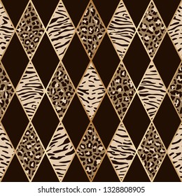 Vector leopard and tiger seamless pattern with golden geometric diagonal lines. Brown and beige rhombus and animal surface, modern luxurious background, luxury wallpaper, textile print.