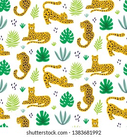 Vector leopard and tropical leaves jungle animal seamless pattern. Modern exotic texture. Fashion abstract background. Colorful trendy textile, fabric, apparel, wallpaper, surface design.