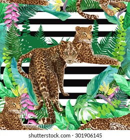 vector leopards in colorful tropical flowers seamless background. Animal illustration