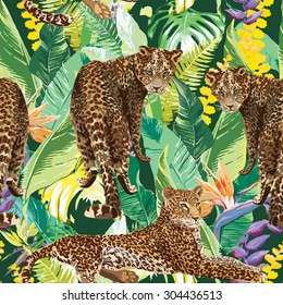 vector leopards in colorful tropical flowers seamless background. Animal illustration.
