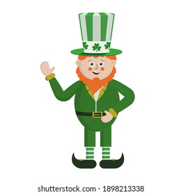 Vector Leprechaun on St. Patrick's Day with an orange beard in green clothes and a hat with a clover