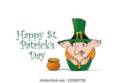 Vector leprechaun with a pot of gold coins. Happy St. Patricks Day celebration.