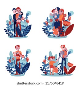 Vector lesbian, gay family and single father hugging set. Adult homosexual couple mother and father women hug small son kid holding in hands. Happy characters smiling together on floral background