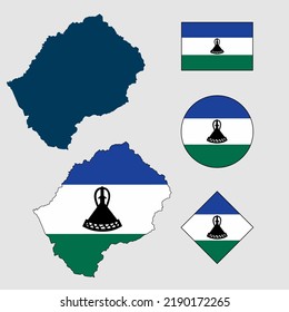 Vector of Lesotho country outline silhouette with flag set isolated on white background. Collection of Lesotho flag icons with square, circle, rectangle and map shapes.