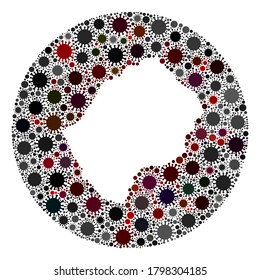 Vector Lesotho map mosaic of coronavirus. Infection attacks the quarantine territory from outside. Hole round Lesotho map collage designed with infection icons.