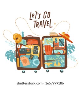 Vector Let's go travel concept with open suitcase with many things inside. Travel baggage on background of tropical palm leaves. Flat vactor illustration with lettering.