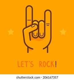 Vector let's rock banner in outline style - male hand on yellow background - logo design template