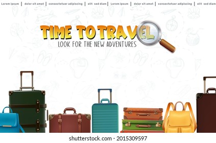 Vector lets travel background with luggage and backpacks in the row.