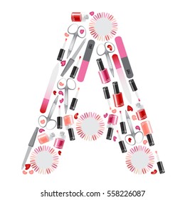 Vector letter "A" with different manicure tools and cosmetics