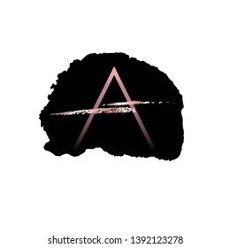 Vector letter A.  Rose letter A, golden brush stroke and black hand drawn spot on a white background. Logo.