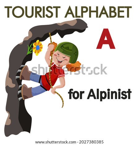 Vector letter A for Alpinist for kids alphabet. Colorful flat illustration for web, booklet, childrens book, flyer with a climbing a mountain on a rope wearing a green helmet a boy alpinist