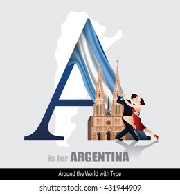 Vector Letter A is for Argentina. Design Matches Letters Of The Alphabet With Name list of country worldwide