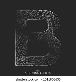 Vector letter B of branch or cracked alphabet. B symbol consisting of growing white lines. Fractured letters. Lighting silhouette of capital letters. Abstract font