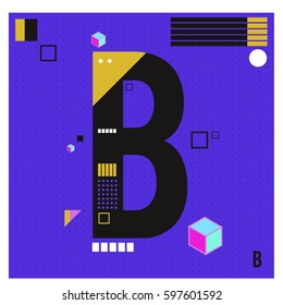 Vector Letter B Memphis style geometrical color outline font. Graphical decorative type. Template for poster design.