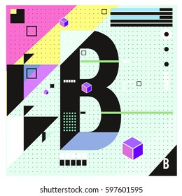 Vector Letter B Memphis style geometrical color outline font. Graphical decorative type. Template for poster design.