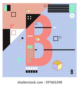 Letra vectorial B fuente de contorno de color geométrico de estilo Memphis. Tipo decorativo gráfico. Plantilla para diseño de afiches.