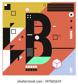 Vector Letter B Memphis style geometrical color outline font. Graphical decorative type. Template for poster design.