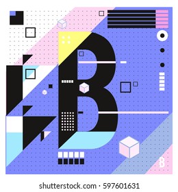 Vector Letter B Memphis style geometrical color outline font. Graphical decorative type. Template for poster design.