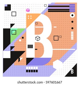 Vector Letter B Memphis style geometrical color outline font. Graphical decorative type. Template for poster design.