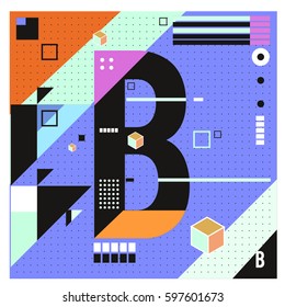 Vector Letter B Memphis style geometrical color outline font. Graphical decorative type. Template for poster design.