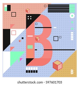 Vector Letter B Memphis style geometrical color outline font. Graphical decorative type. Template for poster design.