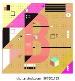Vector Letter B Memphis style geometrical color outline font. Graphical decorative type. Template for poster design.